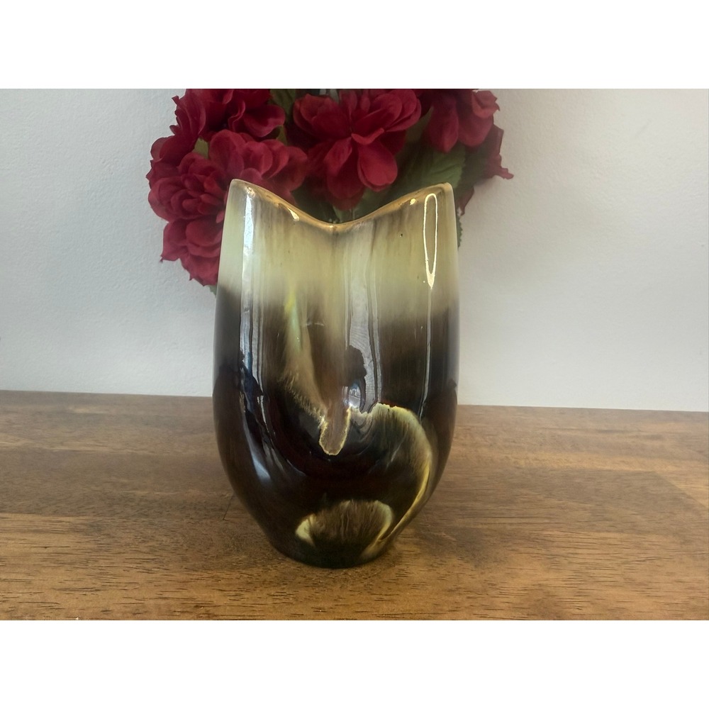 Vintage Germany Drip Glaze Ceramic Vase‎ Brown Cream Gold MCM Pottery Planter